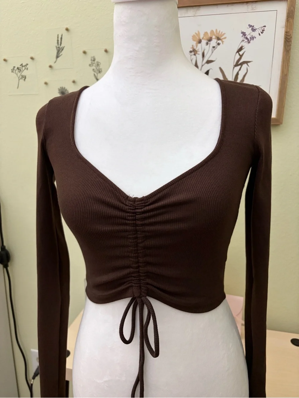 Zara Espresso Brown Ribbed Ruched Drawstring Crop Top Size S